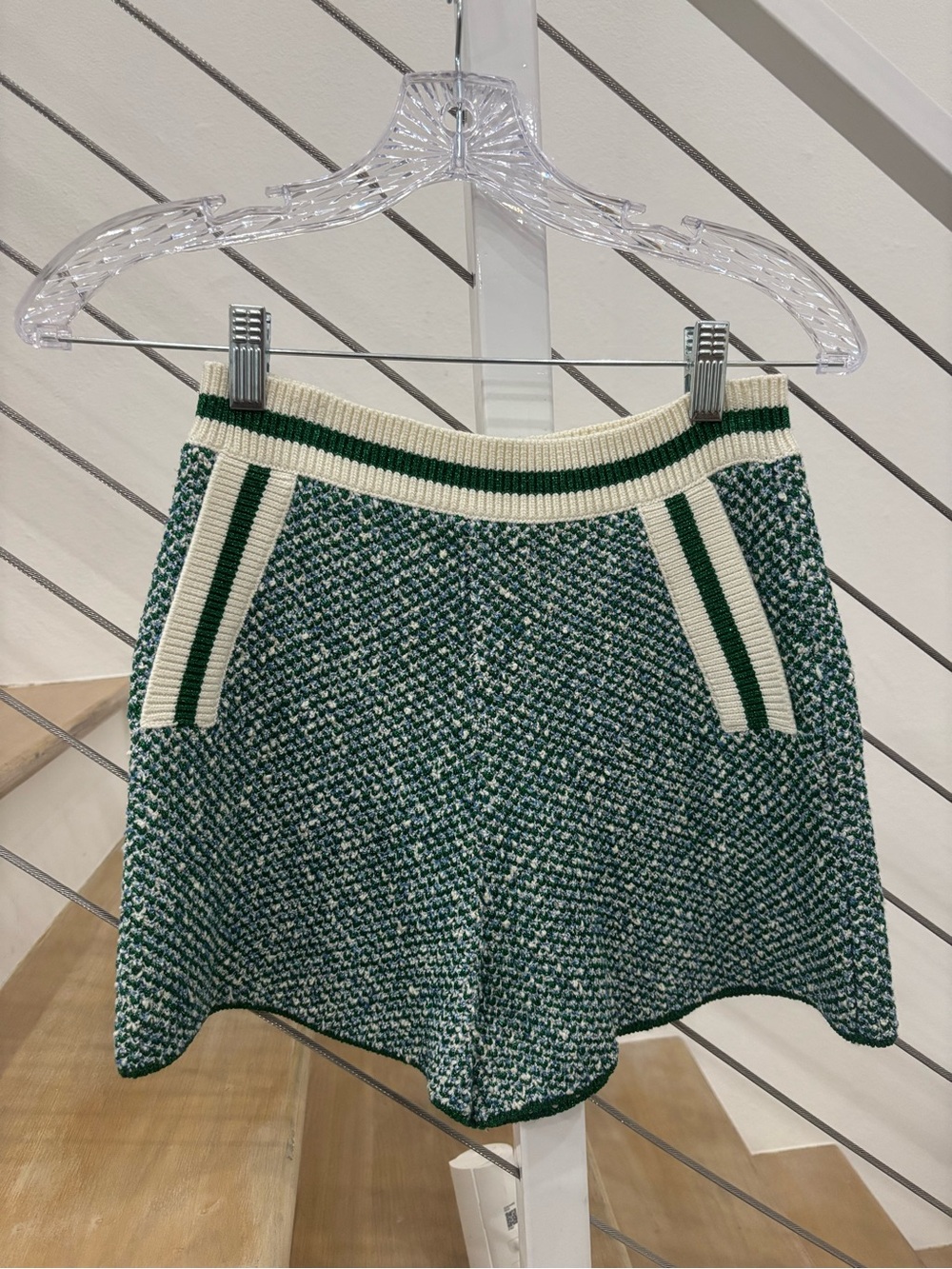 Maje Green and Cream High-Waist Tweed Shorts